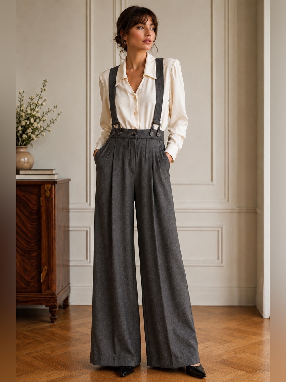 Vintage CDC Size 6 Suspender Wide Leg Jumpsuit Shoulder Pads Made USA Annie Hall